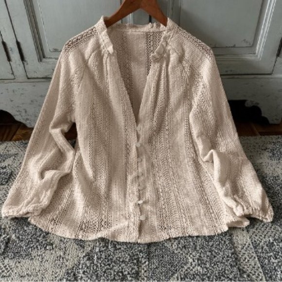 New Bohemian Cream Lace Long Sleeve V-Neck Button Front Blouse Top - Picture 5 of 8